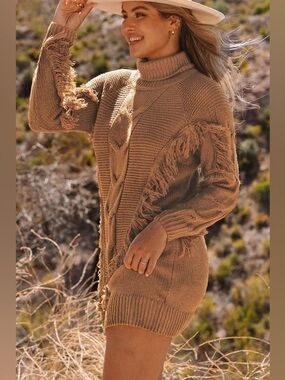 Tan turtleneck fringe sweater dress
